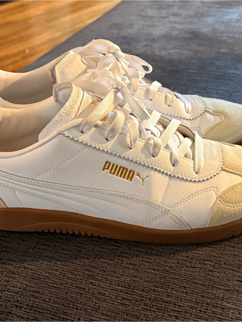 Puma Palermo White Leather Sneakers with Gold Logo and Gum Sole